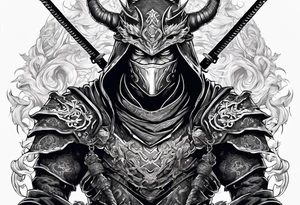 Angry Male Modern robot ninja with demon mask with swords in hands fighting dragon tattoo idea