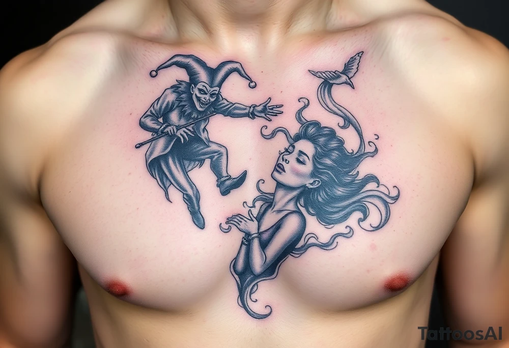 jester hovering over woman in smoke tattoo idea