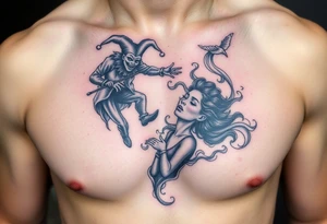 jester hovering over woman in smoke tattoo idea