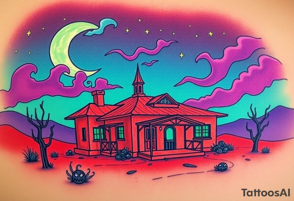 Tim Burton’s haunted desert bungalow is abandoned and dripping with muted reds, dusty pinks, and eerie green glow.purple and cyan smokey clouds swirl in the crescent moonlit sky thats sprinkled with stars tattoo idea tattoo idea