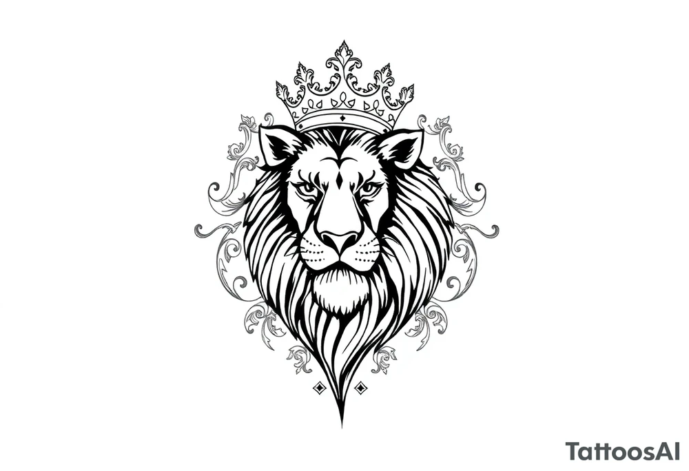 majestic lion wearing ornate crown, surrounded by baroque flourishes tattoo idea