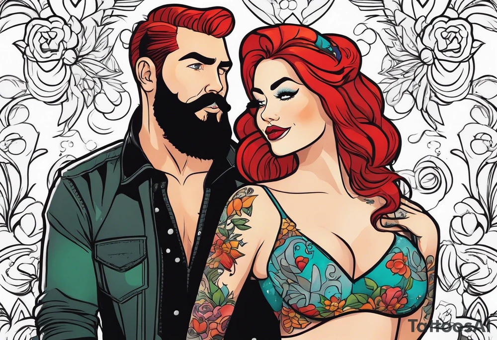 Busty Red haired woman with black haired bearded man tattoo idea