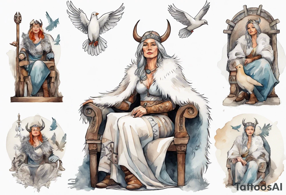 a 45-year-old Viking woman wearing a white fur cloak sitting on a throne with a dove on her shoulder tattoo idea