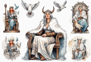 a 45-year-old Viking woman wearing a white fur cloak sitting on a throne with a dove on her shoulder tattoo idea