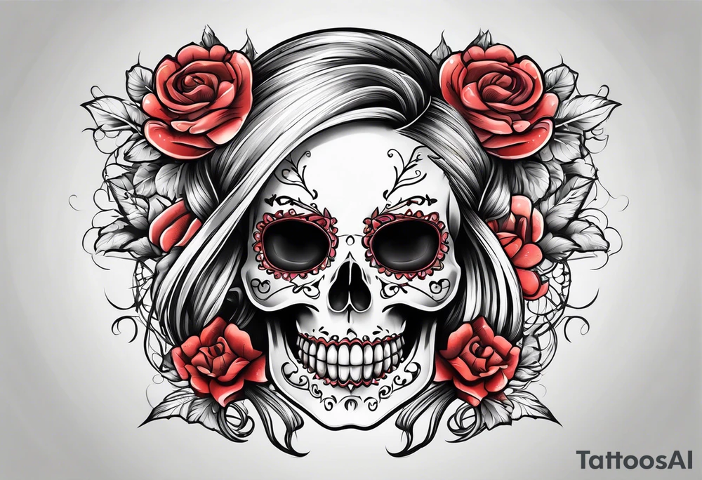 feminine skull and cross bones with blonde pigtails tattoo idea