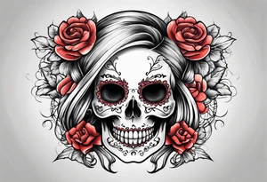 feminine skull and cross bones with blonde pigtails tattoo idea