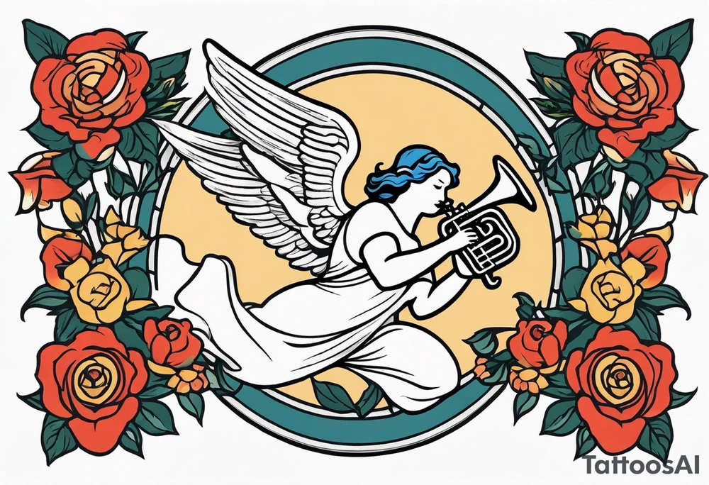 angel with trumpet
old school vintage simple traditional design with vintage flowers surrounding it bold color tattoo idea