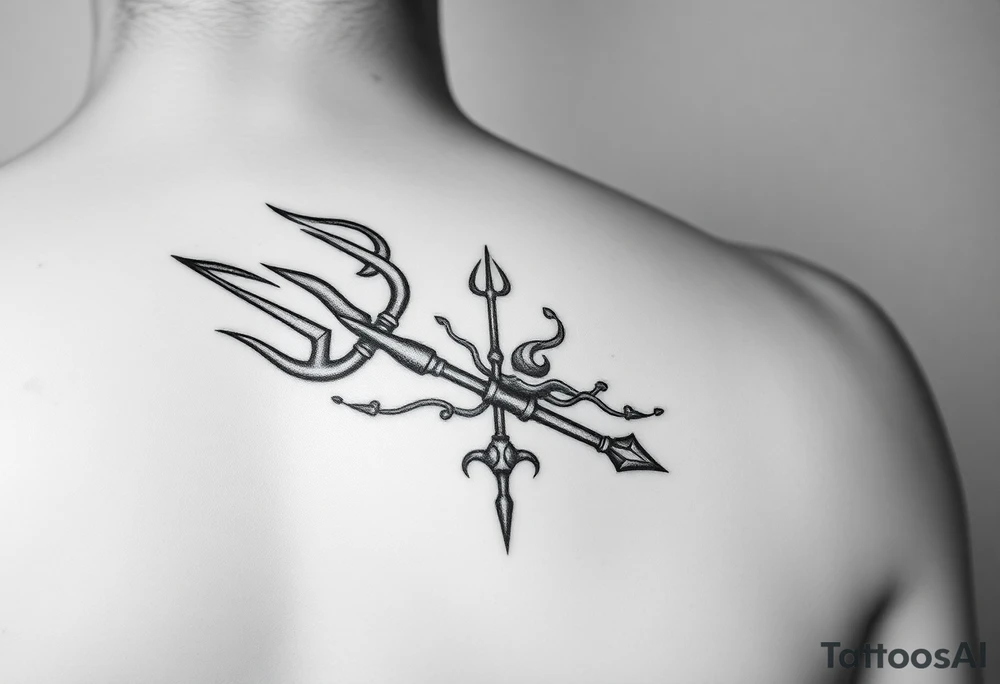 medium size Trident tattoo on the outer arm, insert Atlantis as the background. Black and white only tattoo idea