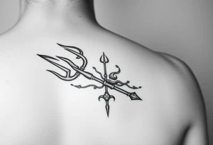 medium size Trident tattoo on the outer arm, insert Atlantis as the background. Black and white only tattoo idea