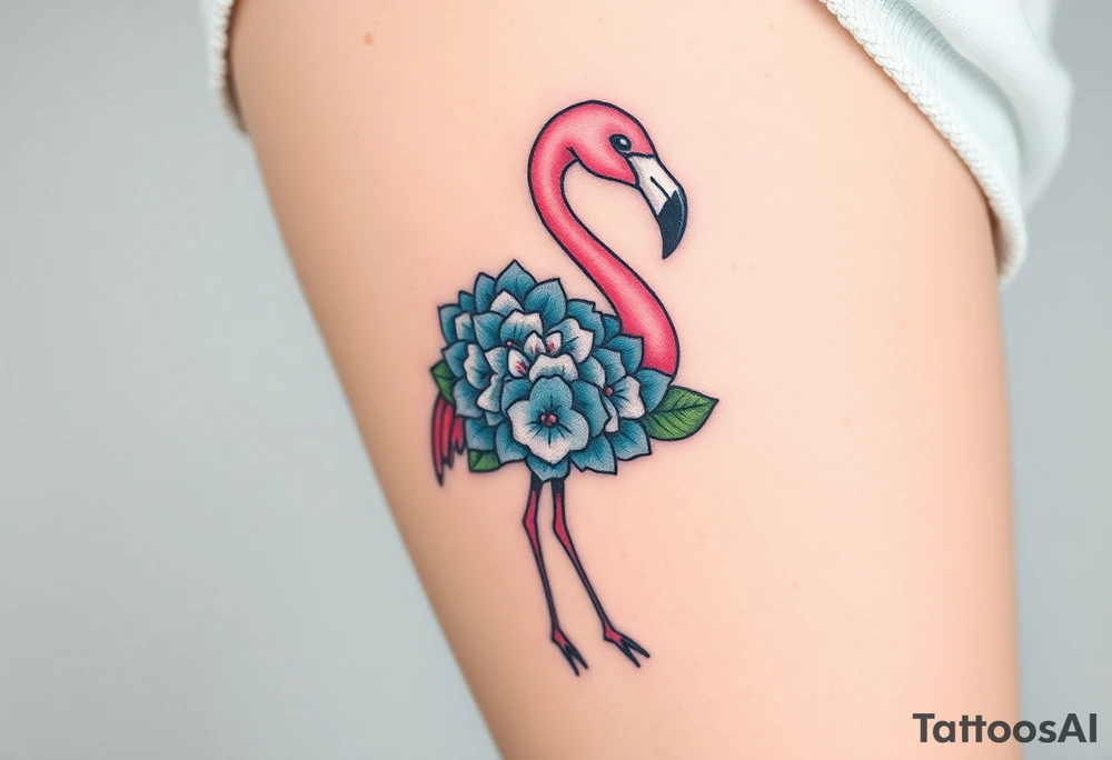Flamingo made of hydrangea tattoo idea