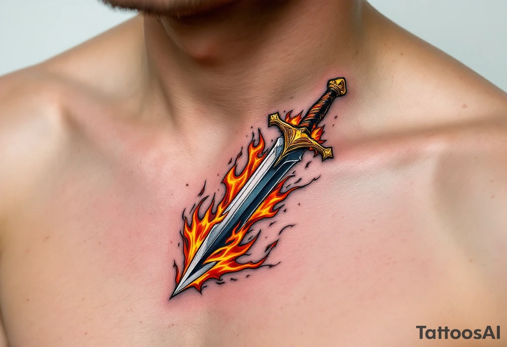 Dagger in Fire – A dagger engulfed in flames of orange, yellow, and red, with the blade in polished steel contrasting against the fiery background. The flames are vivid, wrapping around the dagger in a dynamic motion. tattoo idea