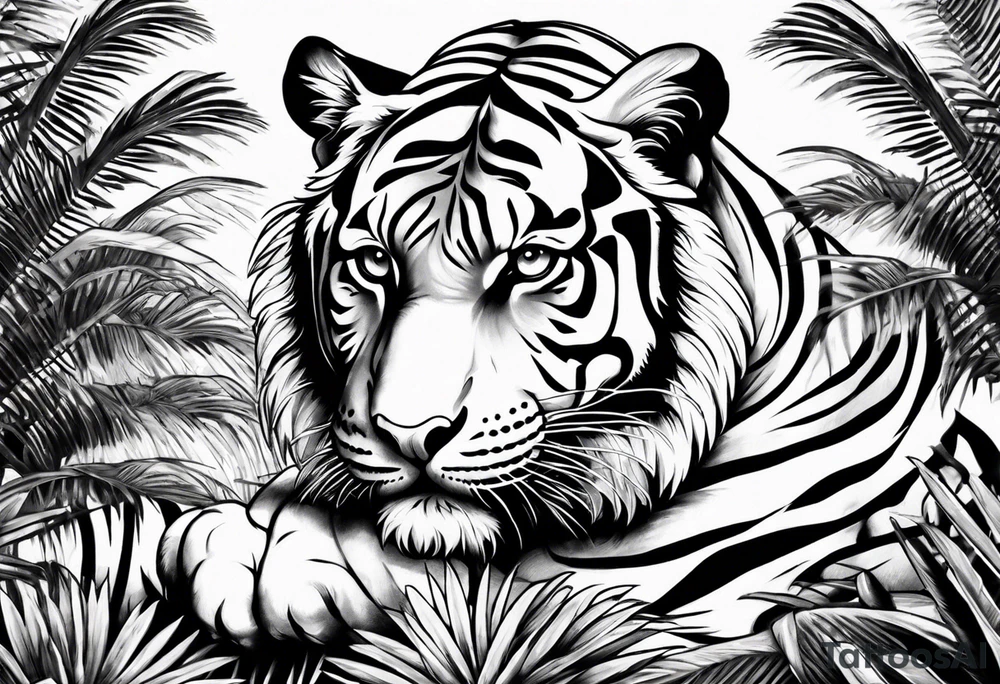 tiger laying on palm tree tattoo idea
