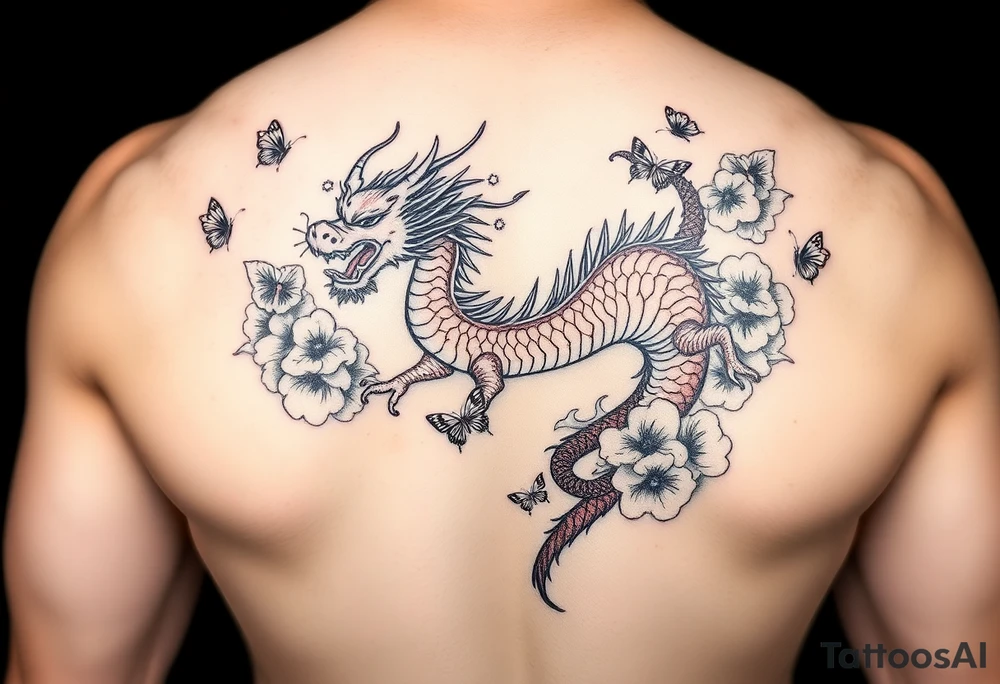 Red Chinese dragon thigh tattoo surrounded by clouds and butterflies tattoo idea