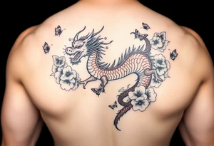 Red Chinese dragon thigh tattoo surrounded by clouds and butterflies tattoo idea
