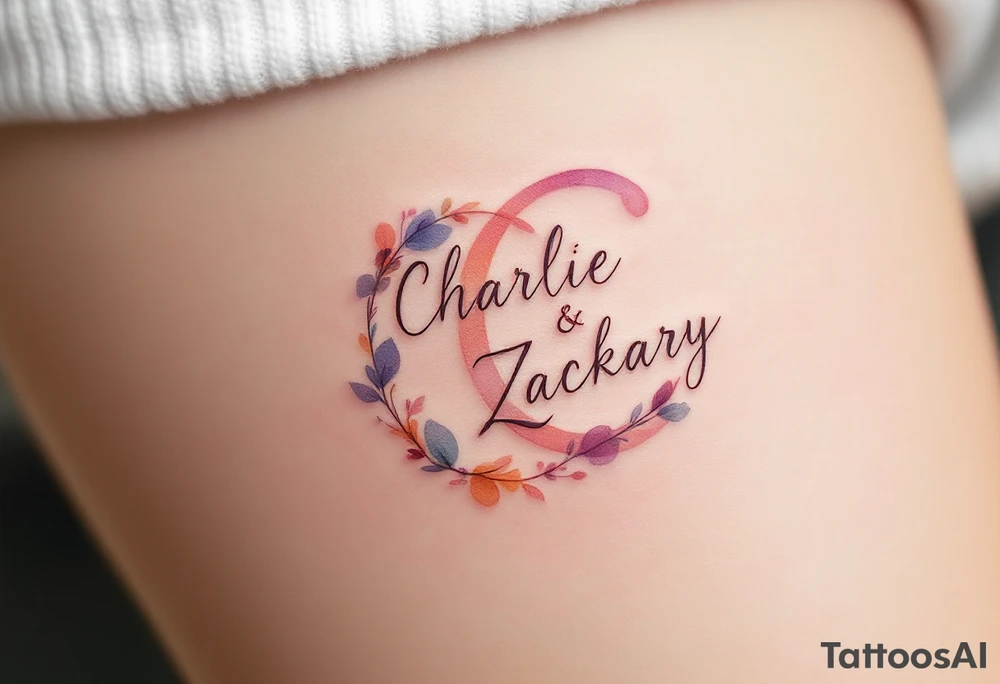 Create a delicate tattoo design that seamlessly integrates the names "Charlie" and "Zackary" in graceful, flowing cursive. Enclose the names within a softly stylized symbol that embodies strength and unity . The overall design should evoke warmth and protection while remaining refined and understated tattoo idea