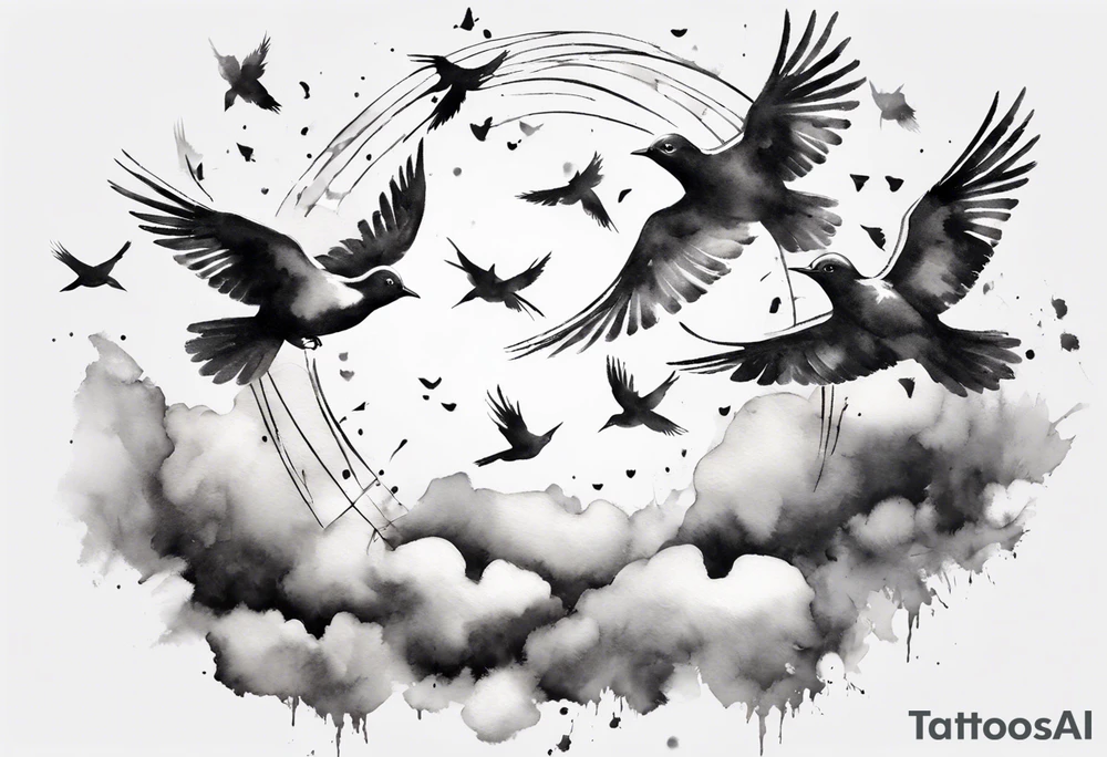 shoulder tattoo with light rays with birds flying free among the clouds, round shape, 3d effect tattoo idea