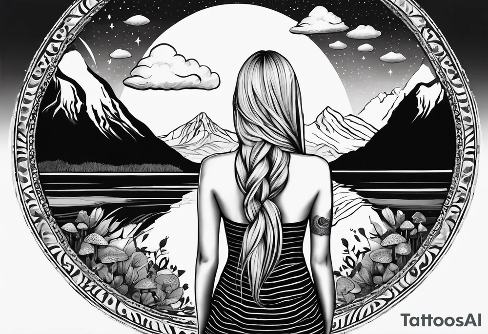 Straight blonde hair girl facing away toward mountains surrounded by mushrooms crescent moon mandala circular design black and white striped dress "8" braided into hair tattoo idea