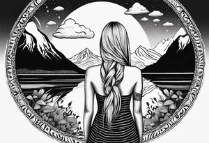 Straight blonde hair girl facing away toward mountains surrounded by mushrooms crescent moon mandala circular design black and white striped dress "8" braided into hair tattoo idea
