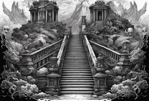 walking through the shadow valley of death with a stair case in the middle and angel at the top of the stairs and lots of demons  surrounding the staircase tattoo idea