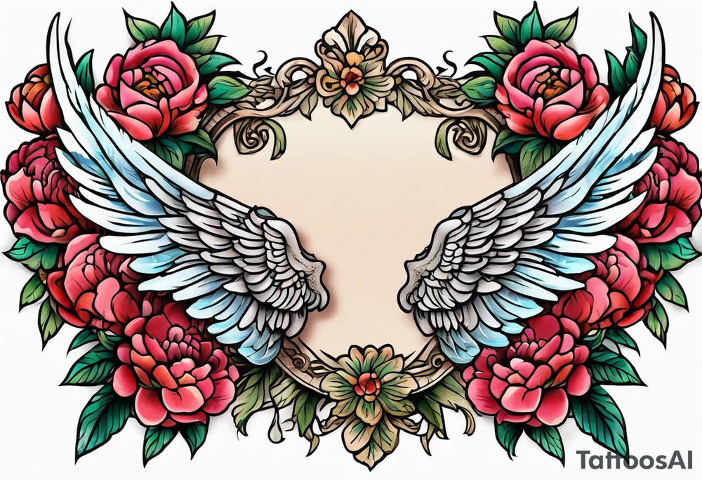beautiful angel wings with colorful, peonies. beautiful flilligree in the background , full color, traditional old school tattoo idea
