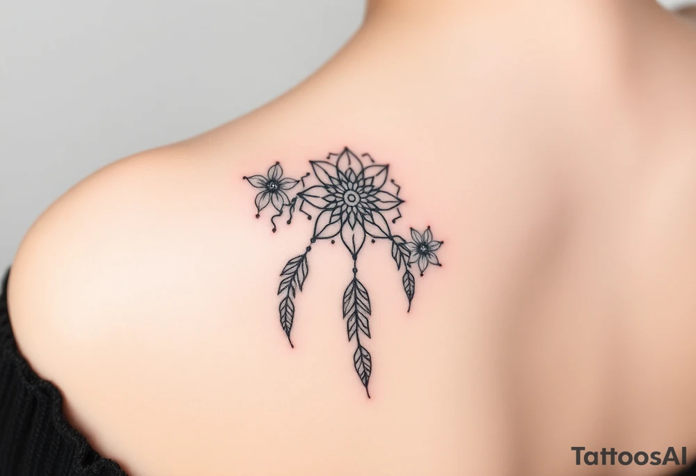 Feminine fine line flowers with a dream catcher tattoo idea
