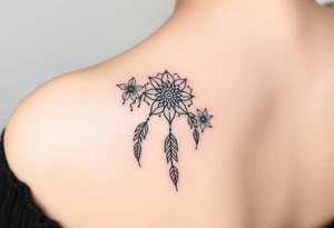 Feminine fine line flowers with a dream catcher tattoo idea