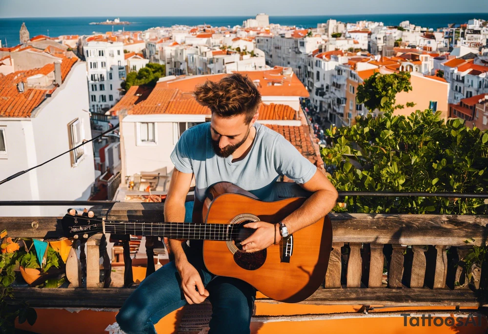 i know the beaches and the touristic district is very pretty, but actually, what I remember the most is playing some raggae music on the rooftop of the airbnb where I was staying at with the hosts. one was a tall skinny blonde dutch guy and the other was a stocky short greek guy. how would you be able to integrate that? I played the acoustic guitar tattoo idea
