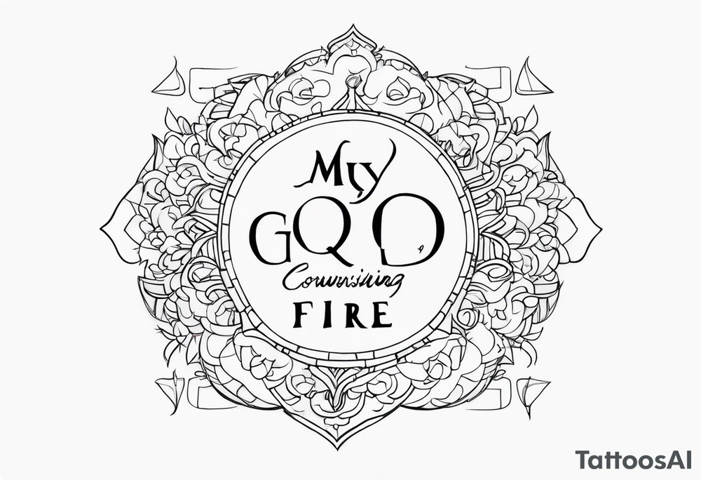 Fine line tatto , a fire with Que quote “ My God is consuming fire “ tattoo idea