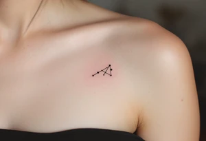 A fine-line Aries tattoo uses minimalist black ink with a pop of red for the zodiac sign beside the star constellation. tattoo idea
