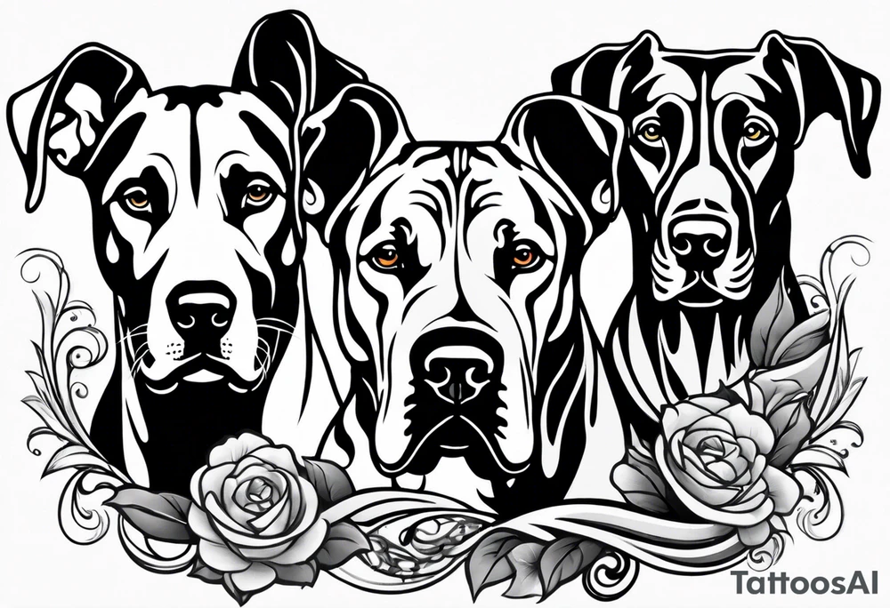 Full arm sleeve. Four Great Danes together exploring waterfall tattoo idea