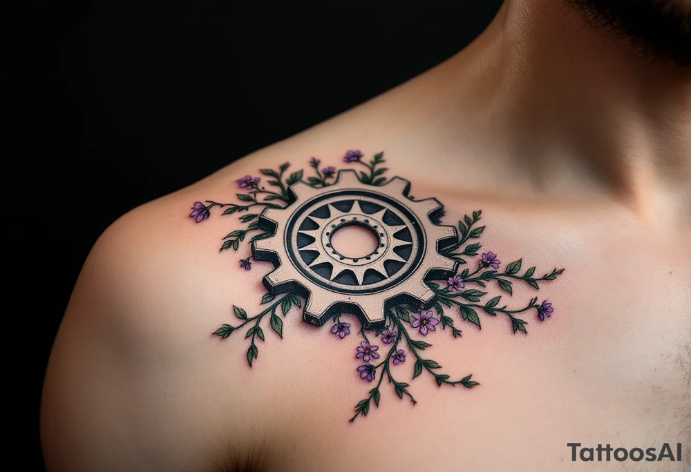 A detailed bicycle gear with intricate teeth, intertwined with vines and small wildflowers, symbolizing strength and connection to nature. The gear would be shaded in metallic silver with pops of green and purple for a fresh look. tattoo idea