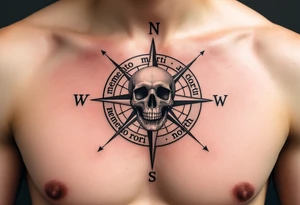 A muted sepia compass pointing to a skull instead of north, with "memento mori" curving around the outer ring. tattoo idea