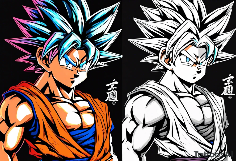 little Son-Goku in the foreground and an older version of him as a super sayin behind him tattoo idea