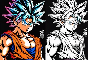 little Son-Goku in the foreground and an older version of him as a super sayin behind him tattoo idea