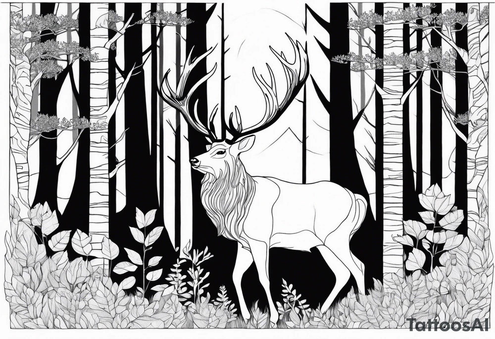 a large majestic male with large antlers, a graceful female and a small fawn. In the background, majestic trees, such as spruce and birch, tattoo idea