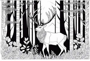 a large majestic male with large antlers, a graceful female and a small fawn. In the background, majestic trees, such as spruce and birch, tattoo idea