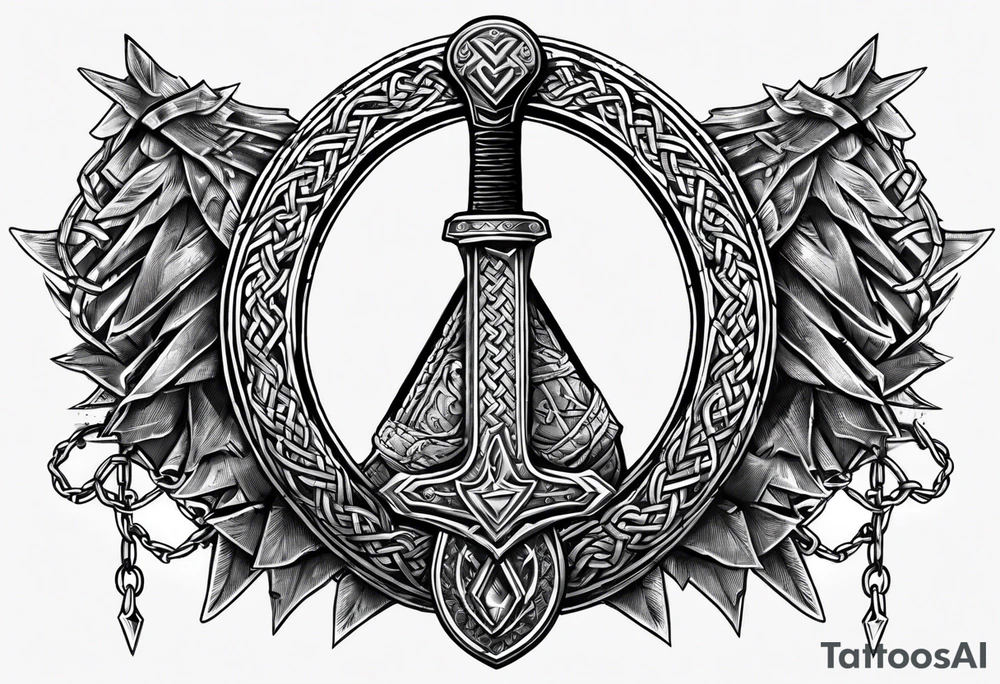 Valhalla sword shield  axe Valknut barbed wire chains tattoo idea