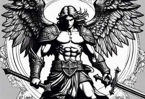 full body saint michael holding a sword slaying a demon tattoo idea
