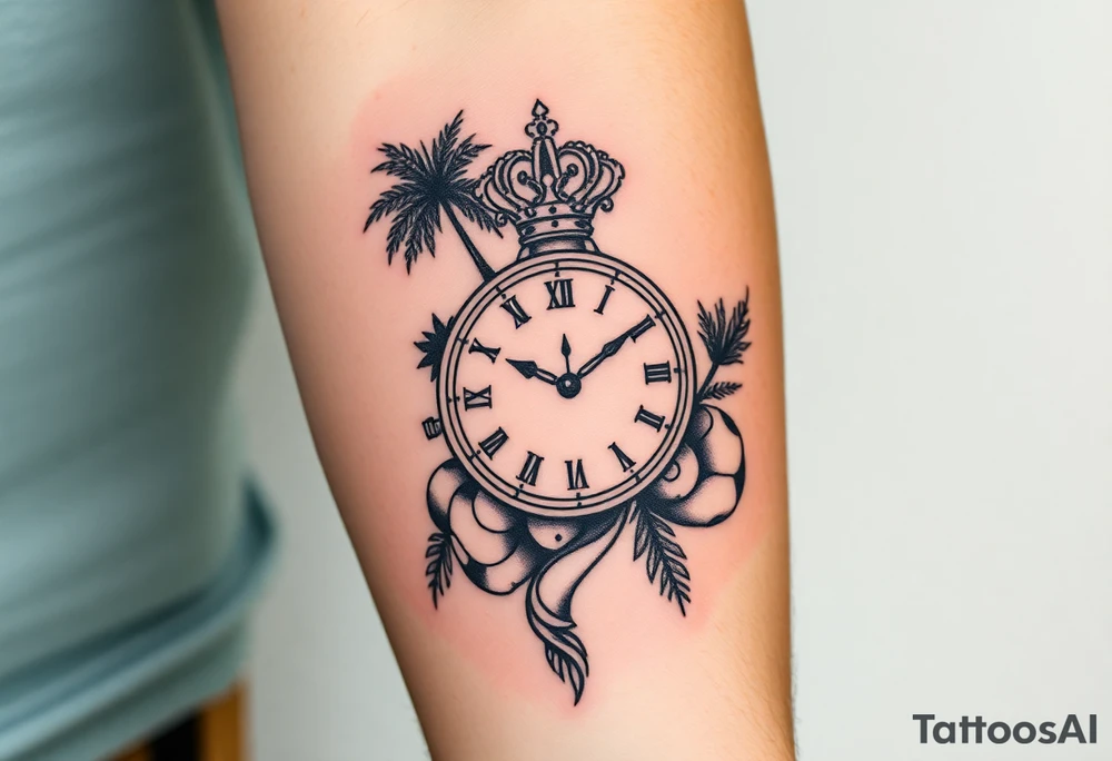 Hazme un tatuaje en el antebrazo que tenga un fondo de playa con palmeras le siga un reloj rompiéndose con un balón de fútbol con relieve con una corona y que encima del tatuaje ponga el tiempo De Dios es perfecto con una fuente en cursiva y negrita  que ocupe todo el antebrazo tattoo idea