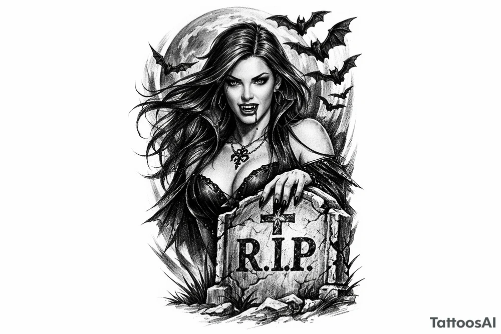 female vampire,bats,full moon,a gravestone. tattoo idea