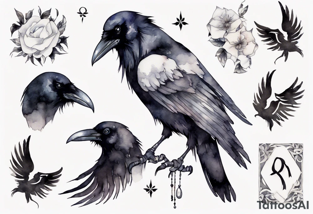 raven wearing a white ribbon around left leg tattoo idea