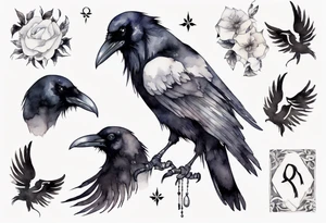 raven wearing a white ribbon around left leg tattoo idea