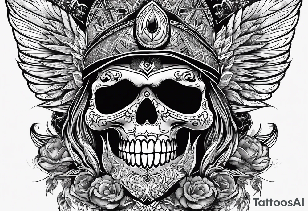 black kali, goddess pirate, alien, pachamama, valkrye, warrior, skull, lotus azul, wing, eagle, zenza resonance, stars, 5D tattoo idea