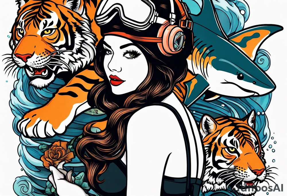 Deep sea diver with tiger shark and pin up girl tattoo idea