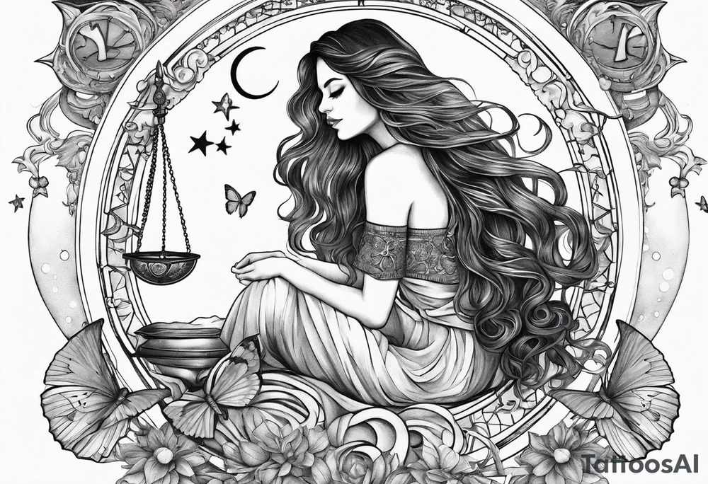 Beautiful woman with butterflies in her long wavy hair sitting on a half moon holding the libra scales with a moon and star background tattoo idea