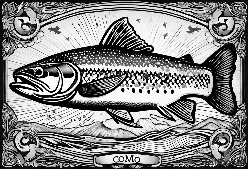 A shaded trout with text that says, 'Como la trucha...' tattoo idea