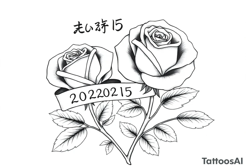 two beautiful large rose buds, one larger than the other, with many leaves next to the rose buds, with one sitting higher than the other. Include a banner connecting the two roses with "2025" on it.  The word "Rose" written in Kanji above the drawing.  Use dark outlines with little shading. The two stems should be short, not long, and connect and join into one stem, whimsically curved or twisted - not straight down. tattoo idea