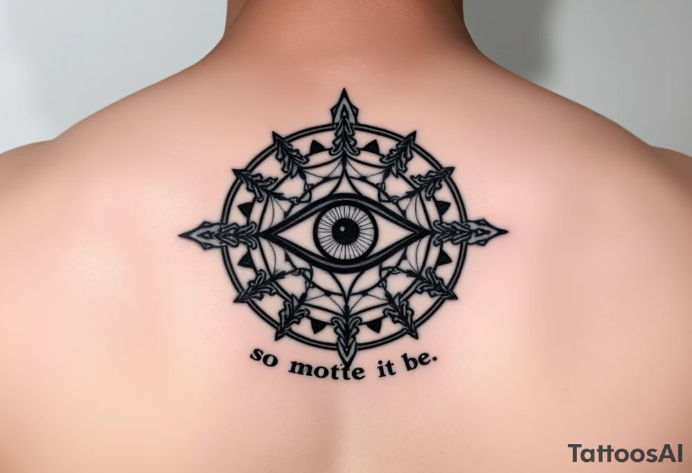 A abundance and protection symbol with an evil eye protection symbol (not an eye) in full color in the center of it.  I’d like it windy very small “so mote it be” with a magic wand  make exactly what I type don’t forget so mote it be tattoo idea
