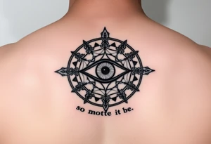 A abundance and protection symbol with an evil eye protection symbol (not an eye) in full color in the center of it.  I’d like it windy very small “so mote it be” with a magic wand  make exactly what I type don’t forget so mote it be tattoo idea