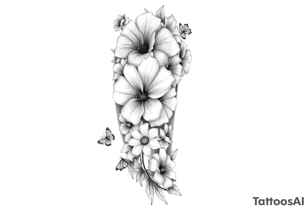 Calia Lily, rose, gadiolus, carnation,Narcissus,poppy, aster, violet ,chrysanthemum, lily of the valley and water lily sleeve on upper arm and shoulder  with  and dragonflies on skin tattoo idea